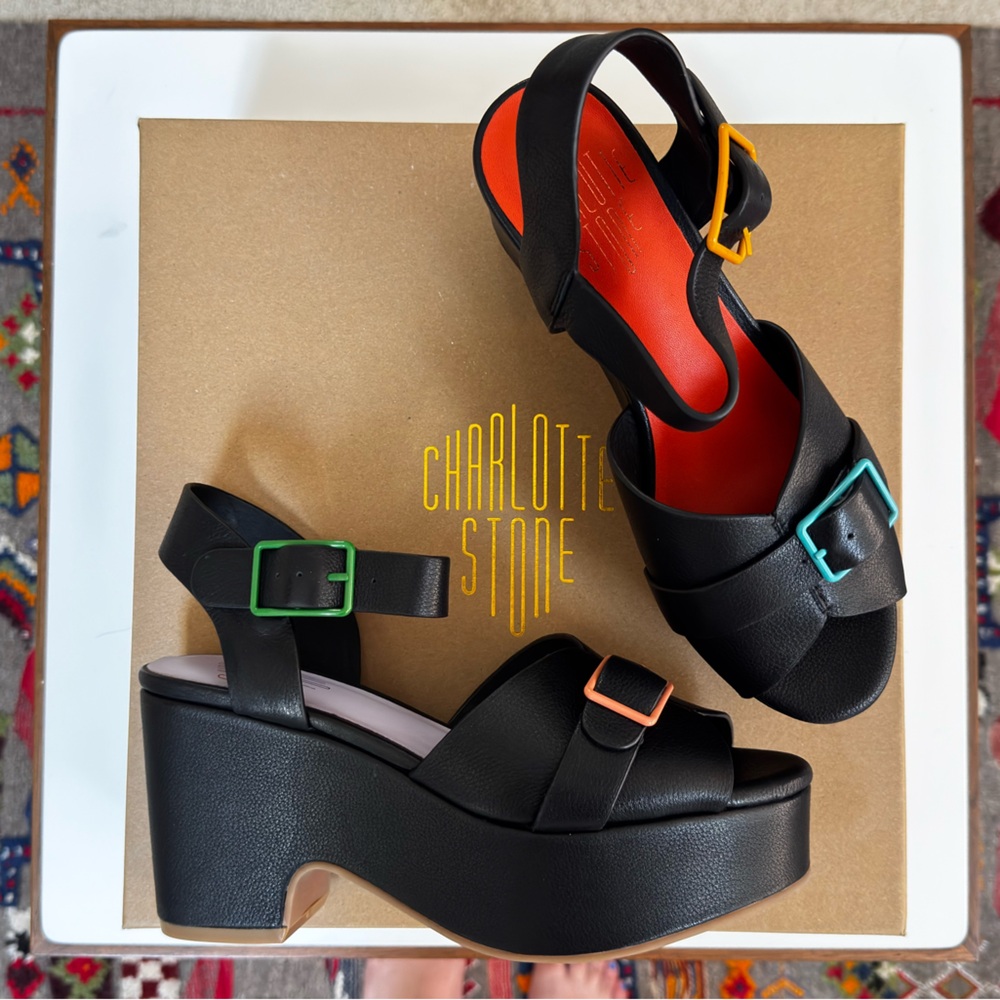 Charlotte Stone Black Platforms with Multicolor Buckles- Never Worn- size 7